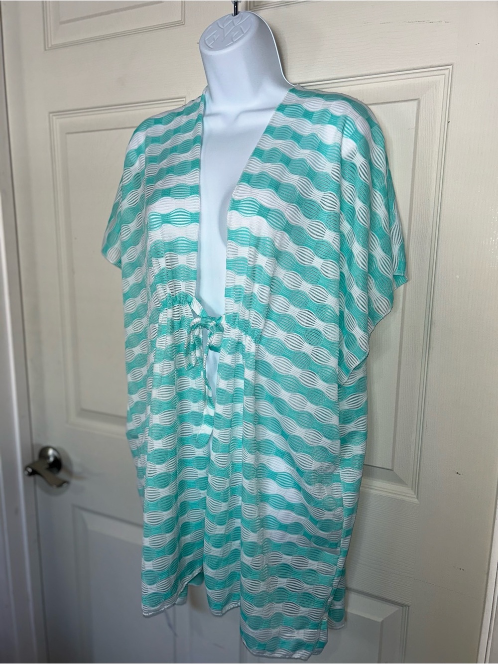 Mint and White Striped Open Front Swimsuit Cover-Up